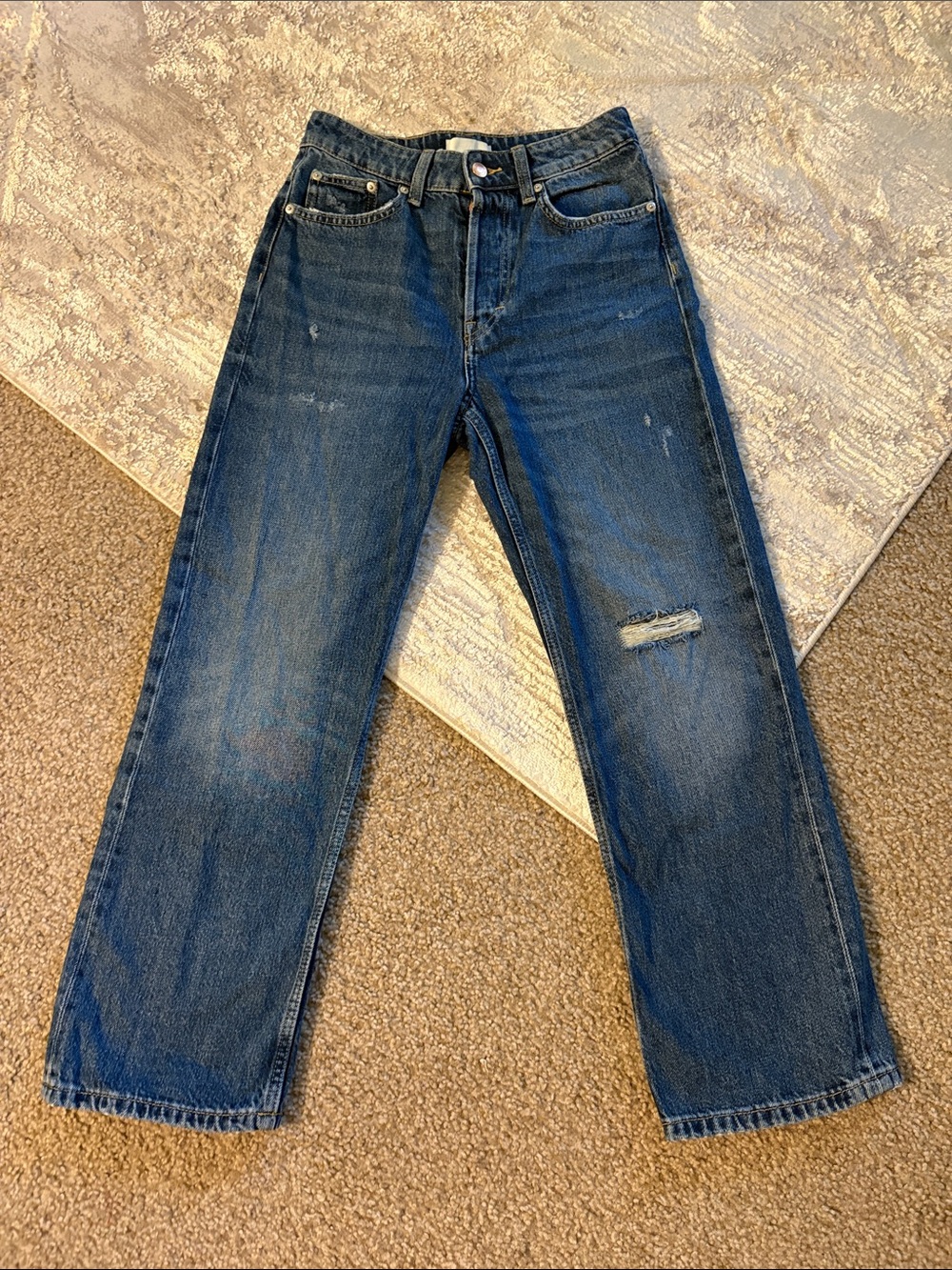 Women’s High Rise Straight Leg Distressed Blue Jeans Button Fly
